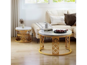 Lot de 2 tables basses blanc et doré avec motif marbre