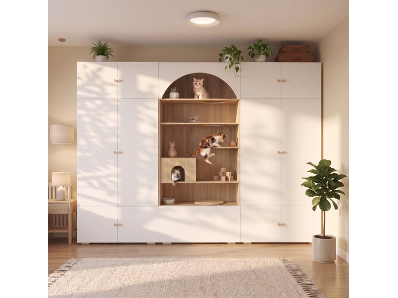  Ensemble dressing modenvie 270 x 50 x 200 cm avec penderie rangement et espace pour félins blanc effet bois  - Conforama E