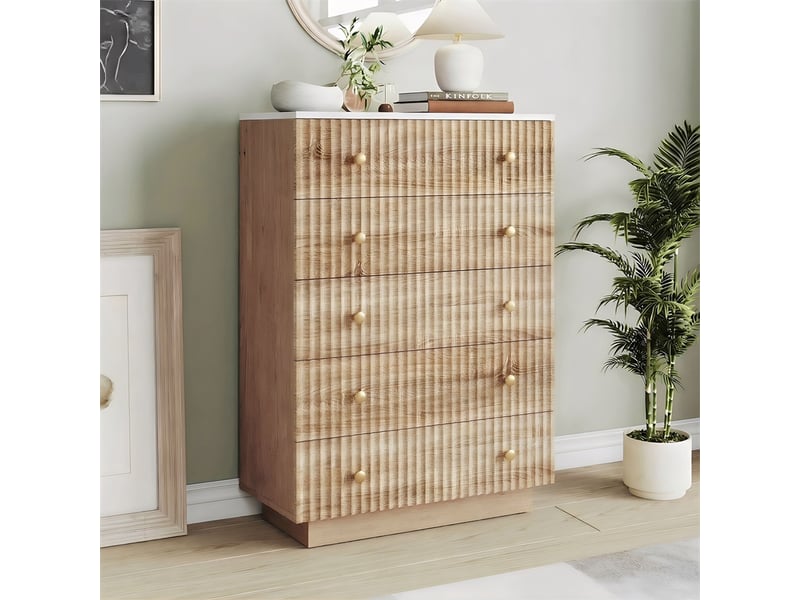 Commode 5 tiroirs 73 x 40 x 111 cm - meuble en bois avec façade rainurée, led et finition naturelle - bois naturel - Conforama D