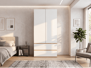 Armoire 2 portes battantes, 2 tiroirs, penderie et rangement haut, 90 × 50 × 200 cm, blanc et effet chêne naturel