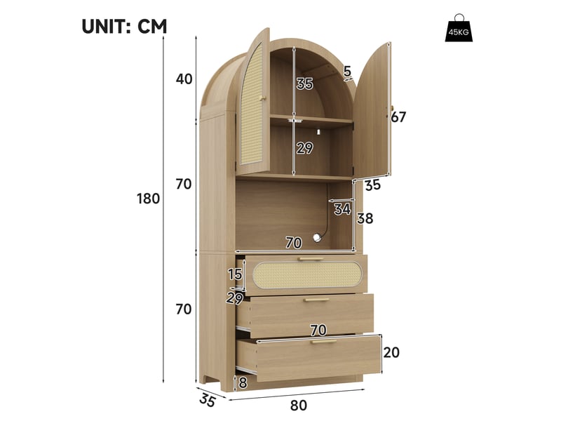 Buffet haut arqué 80x35x180 cm meuble de rangement avec 2 portes effet cannage, niche led multicolore, 3 tiroirs, mdf,pb, effet chêne clair - Conforama C