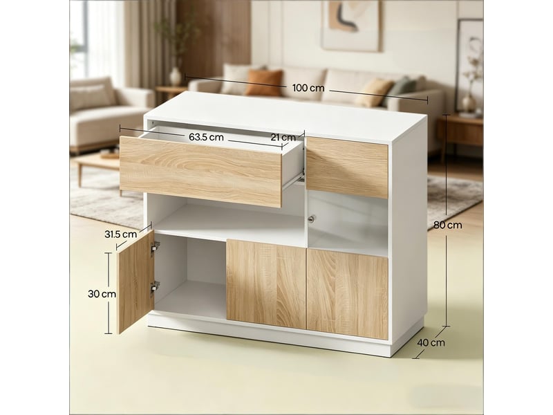  Buffet, avec compartiment ouvert et porte acrylique, antibasculement, 100×40×80 cm, blanc et chêne clair  - Conforama E