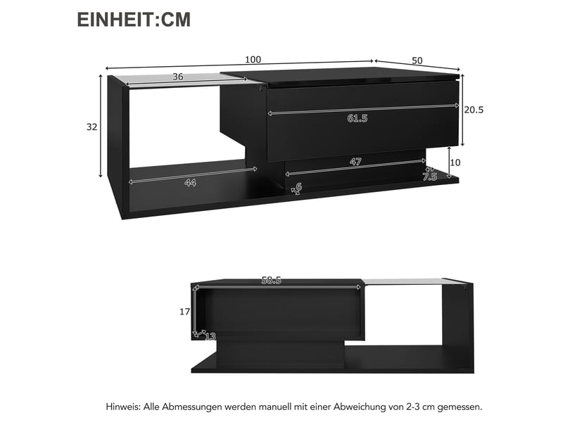  Table basse noire brillante 100 x 50 x 32 cm avec plateau en verre, tiroir et led  - Conforama C