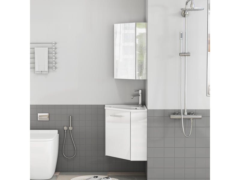 Ensemble meuble d’angle de salle de bain blanc avec vasque céramique et armoire miroir - Conforama E