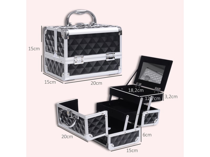  Mallette à maquillage rangement à 3 niveaux avec miroir verrouillage avec 2 clés dim. 20l x 15l x 15h cm noir  - Conforama E