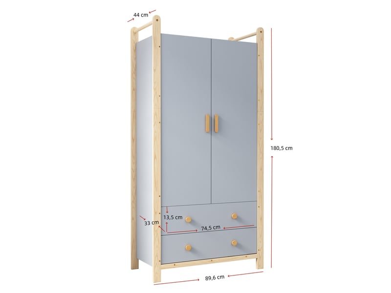  Armoire 2 portes modenvie avec penderie et 2 tiroirs 90 x 45 x 180 cm bleu cadre en bois de pin  - Conforama C