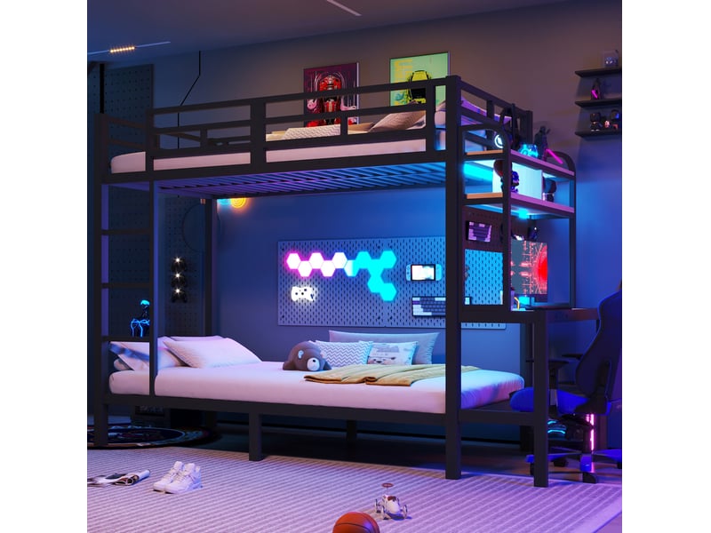  Lit superposé enfant 90 x 200 cm avec bureau, led, usb et étagères, noir et blanc  - Conforama B