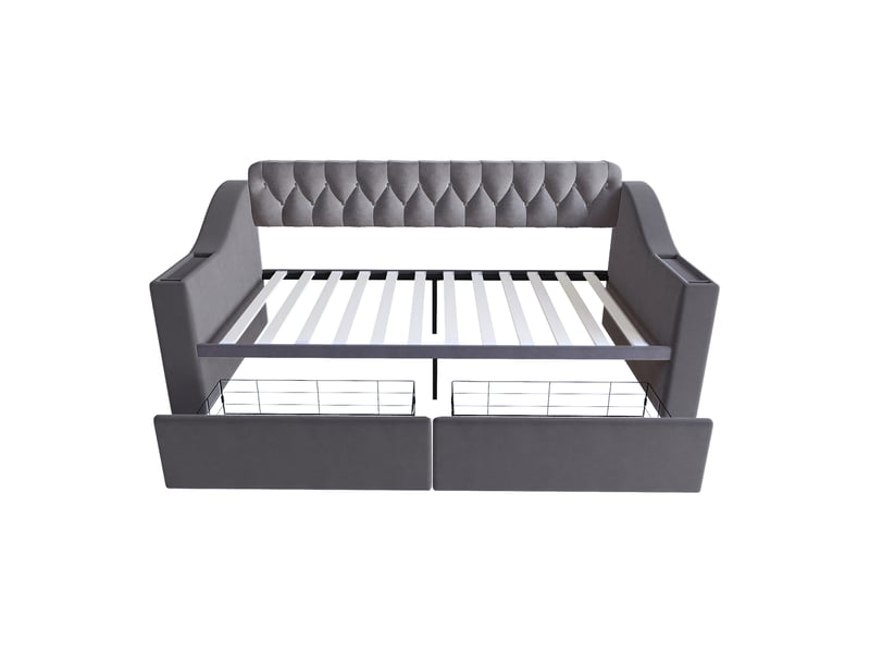  Lit canapé velours gris foncé 90x190 cm avec accoudoirs usb, rangements et tiroirs  - Conforama D