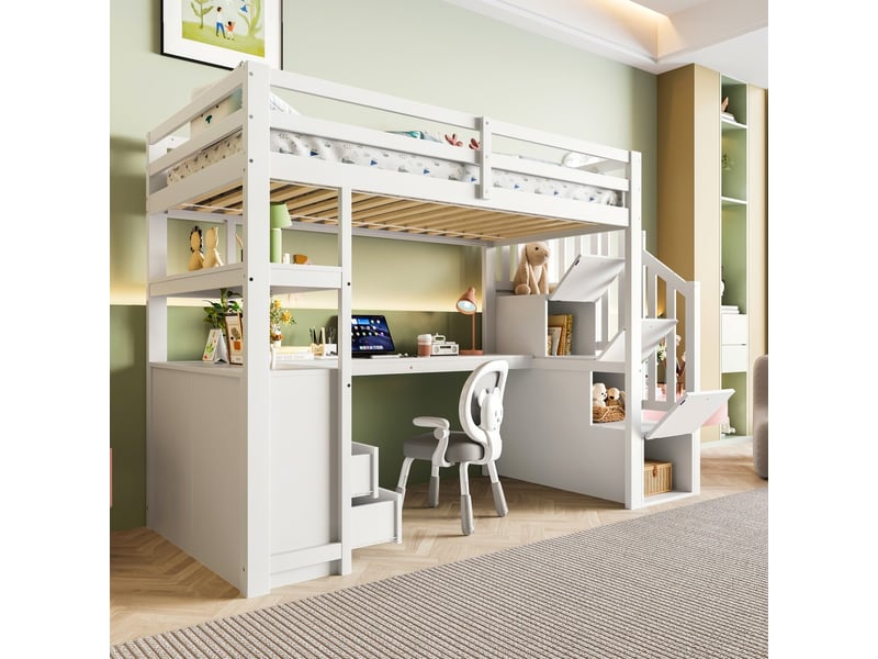 Lit mezzanine 90x200cm avec bureau échelle rangement tiroirs blanc - Conforama E