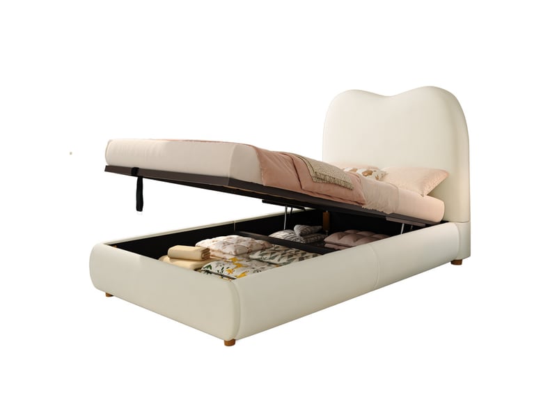 Lit enfant coffre 90 x 190 cm - avec tête de lit capitonnée - rangement sous le lit - velours - beige (matelas non inclus) - Conforama A