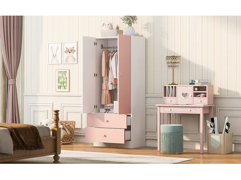  Armoire penderie 2 portes avec 2 tiroirs 70 x 40 x 170 cm, rose et blanche  - Conforama E
