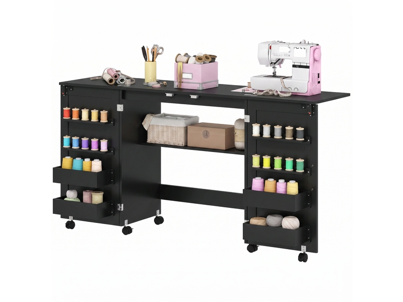  Table de couture pliable sur roulettes - 4 bacs, 20 porte-bobines, étagère - noir  - Conforama E