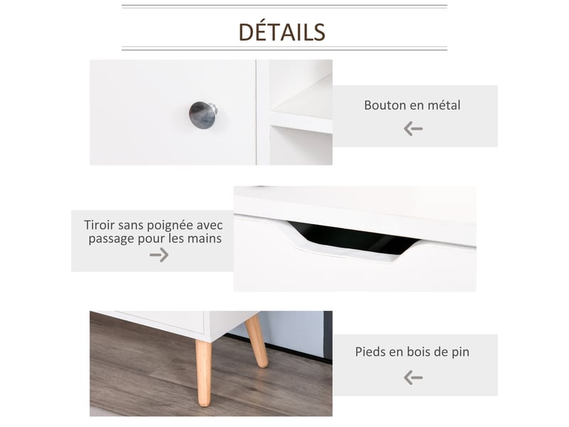  Meuble tv banc tv style scandinave placard 2 niches 2 tiroirs passe-fils panneaux particules blanc pin bois  - Conforama W