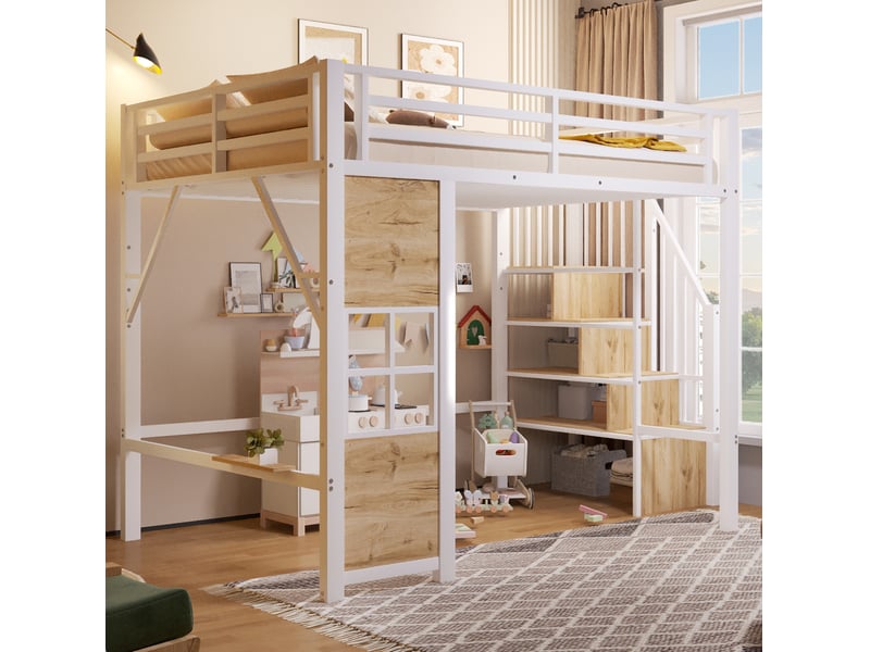  Lit mezzanine enfant 140x200 cm avec escalier de rangement blanc  - Conforama B