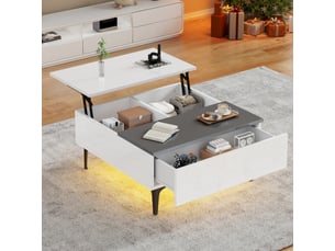 Table basse 70x70x35 cm relevable avec led et rangement blanc et gris