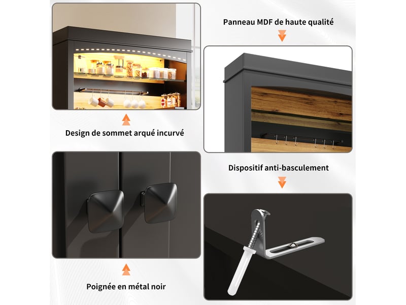 Lot de 2 buffets hauts de cuisine 107x43x184 cm chacun, éclairage led, 2 portes, mdf et métal, noir  - Conforama E