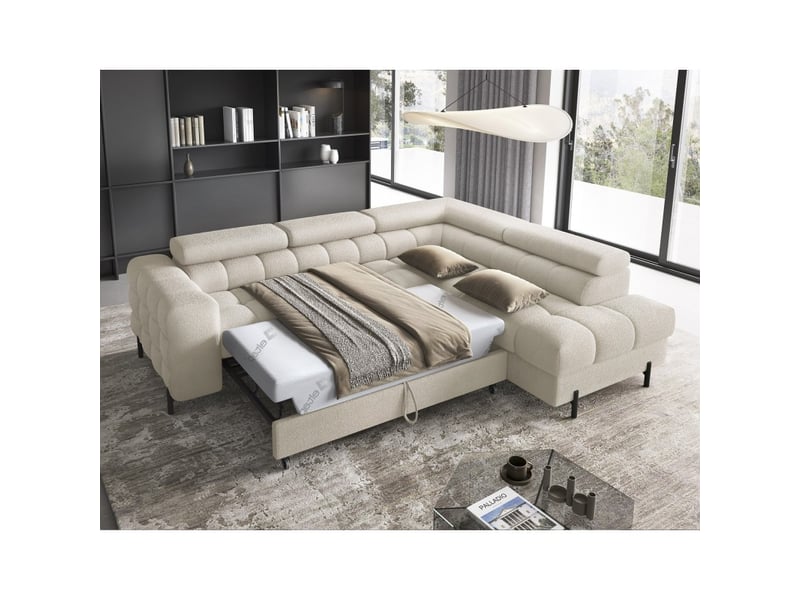  Canapé ferrum beige clair convertible 5 places angle droit avec coffre 276x93x200cm  - Conforama C