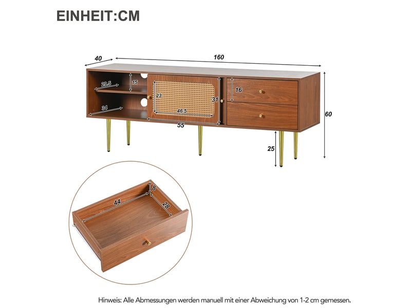  Meuble tv en mdf couleur noyer avec portes coulissantes en rotin synthétique, 160 x 40 x 60 cm  - Conforama E