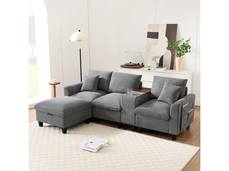 Canapé d'angle, canapé convertible, rangements dans les accoudoirs, porte-gobelets, usb, design moderne, appartement, pour salon - Conforama W