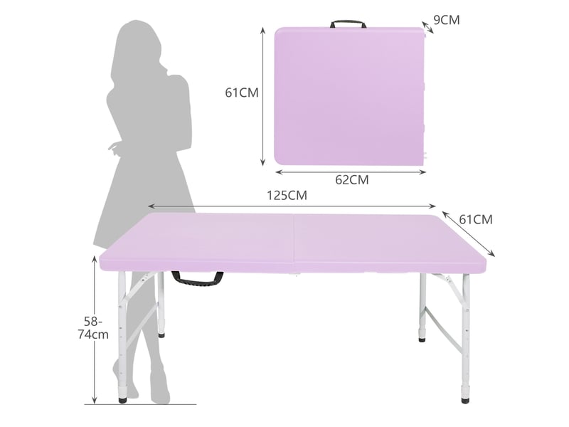 Table de jardin pliante 125 x 61 cm violette, plastique et acier, hauteur réglable 58 à 74 cm, avec poignée intégrée - Conforama C