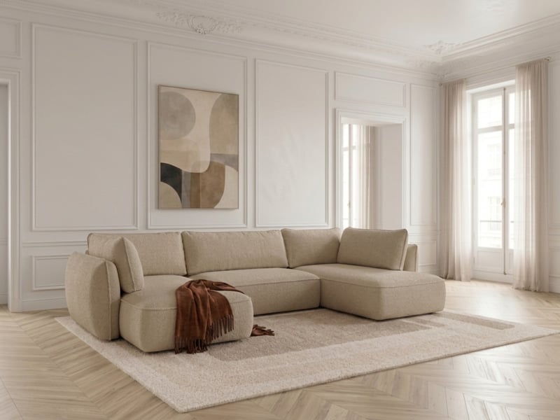 Bobochic canapé d'angle panoramique convertible esmee tissu chenille beige angle gauche ESMEE - Conforama B