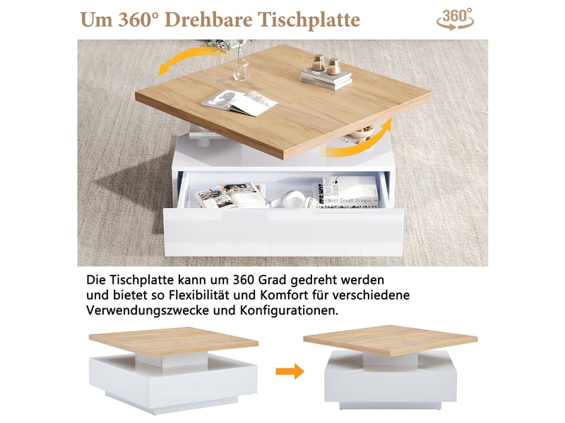  Table basse carrée pivotante à 360° 70x70 cm avec tiroir, blanc brillant et noyer  - Conforama W