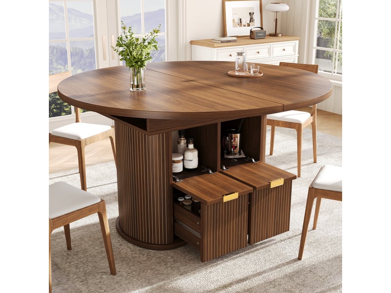  Table à manger ovale extensible 118-158x118x76.8cm pour 4 à 6 personnes, rangements rabattables, 2 tiroirs, reliefs verticaux et poignées métal, marron evarich - Conforama E