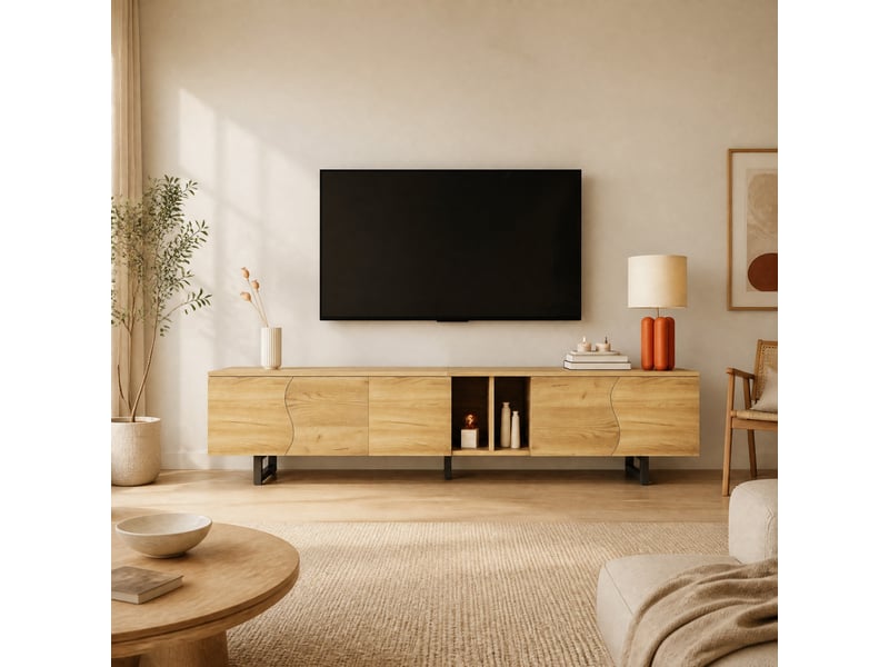  Meuble tv bas 5 portes 191x38x46,5 cm avec étagères ouvertes, finition naturelle  - Conforama D