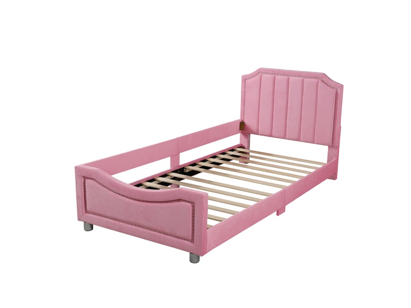  Lit enfant lit rembourré 90x200cm, canapé-lit cadre de lit en flanelle lit souple avec dossier accoudoir lit simple, rose  - Conforama B