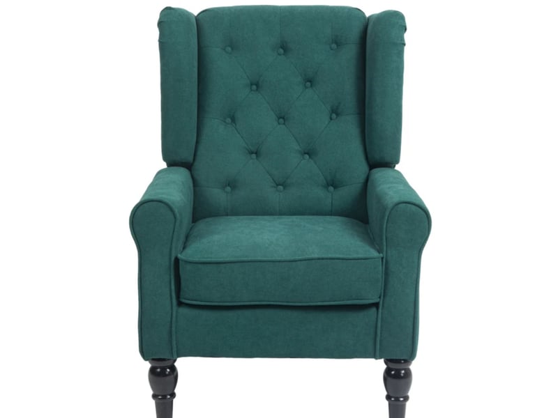 Fauteuil à oreilles capitonné avec assise large et dossier rembourré, pieds en bois d'eucalyptus, tissu vert foncé - Conforama A