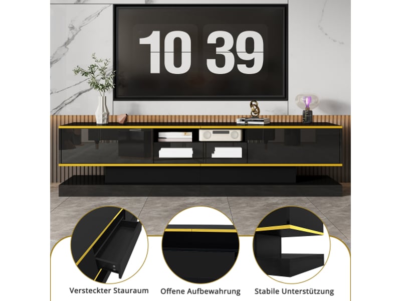  Meuble tv moderne avec trois tiroirs et un compartiment ouvert- avec lumières led à changement de couleur, 180*38 * 45cm  - Conforama C