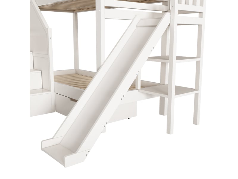  Lit superposé enfant 90x200 cm avec toboggan, escalier et rangements Fay Lum - Conforama R