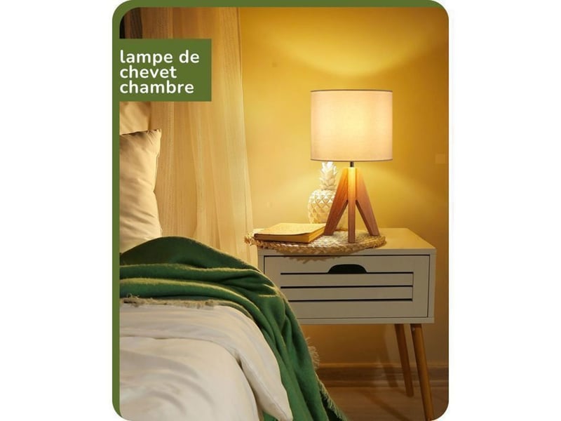  Lampe de table 2 pieces avec abat-jour en lin blanc et tr pied bois naturel e27 ampoules led blanc chaud 2700k 370618_AAAYP05862_6_DROPFR - Conforama B