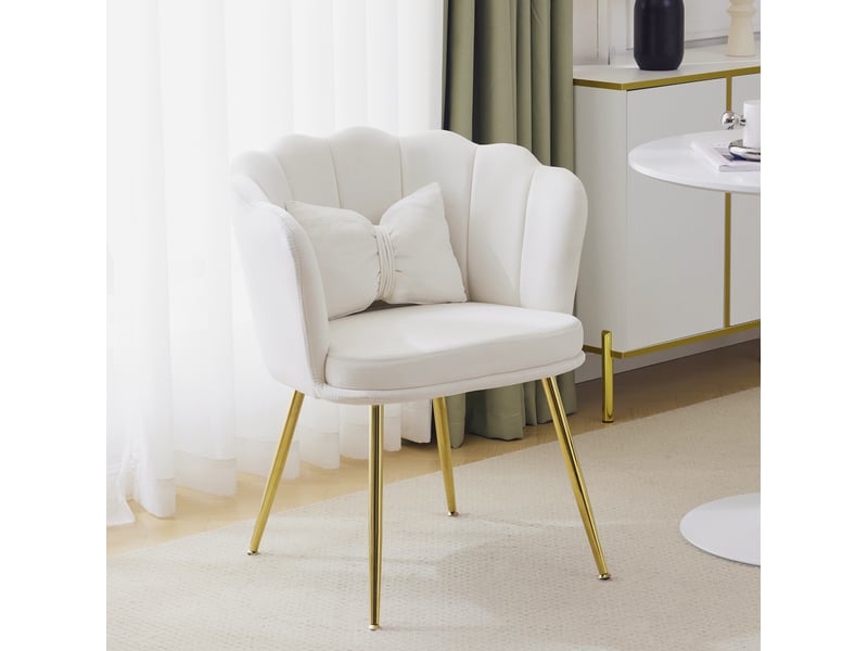  Fauteuil à dossier pétale avec coussin papillon et pieds métalliques dorés réglables en velours beige  - Conforama B