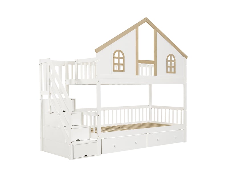 Lit superposé enfant 90x200 cm – blanc et naturel – escalier de rangement et tiroirs – sans matelas - Conforama D