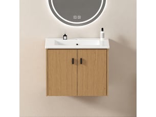 Meuble vasque 60 cm effet chêne clair en mdf avec vasque en céramique et 2 portes