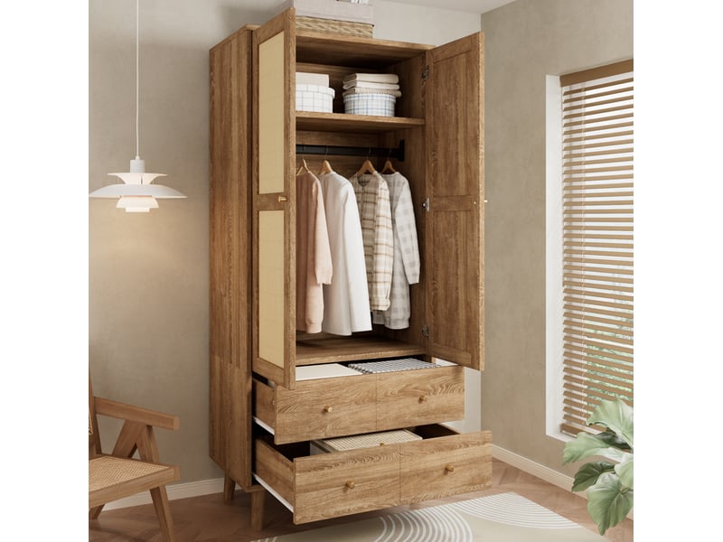 Armoire 2 portes avec penderie et 2 tiroirs 80x50x180 cm décor noyer foncé - Conforama W