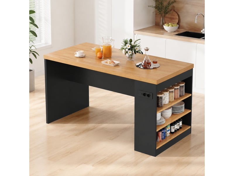  Îlot de cuisine 155x80x90 cm avec led, prises et 3 étagères ouvertes, noir et naturel  - Conforama B