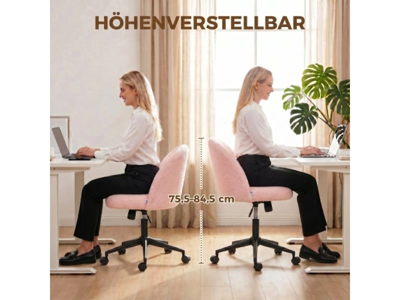  Chaise de bureau pivotante en tissu teddy rose, réglable en hauteur, à roulettes, mousse confort  - Conforama D