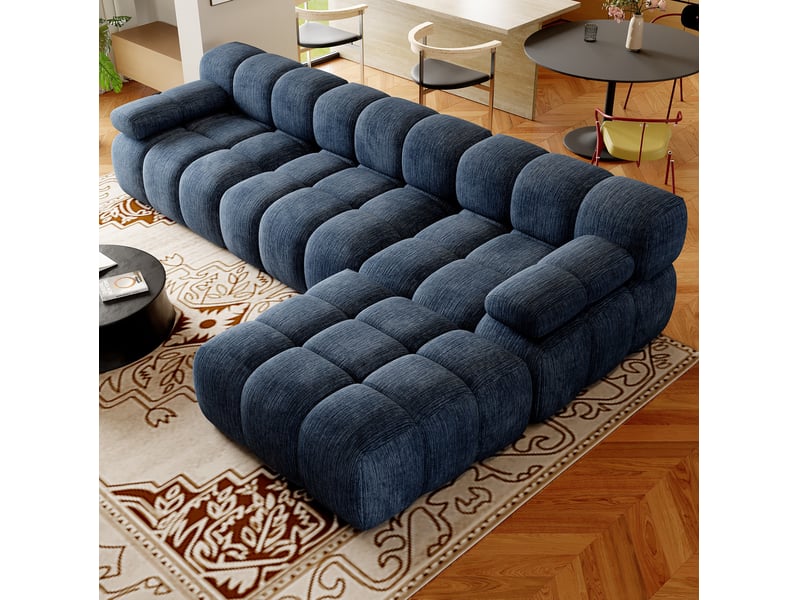  Canapé d'angle fixe 4 places en tissu bleu 300 cm, méridienne à droite, sans montage pour votre salon  - Conforama B
