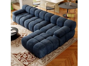 Canapé d'angle fixe 4 places en tissu bleu 300 cm, méridienne à droite, sans montage pour votre salon