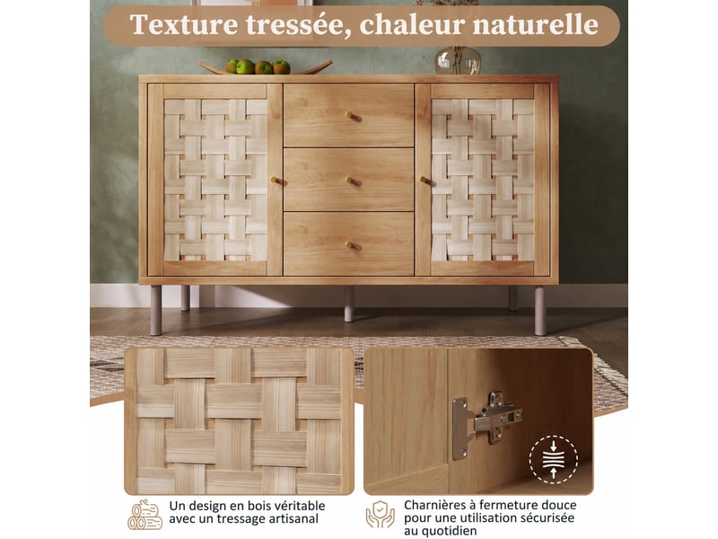  Buffet 120 cm 2 portes 3 tiroirs couleur chêne, façades tressées, style campagne  - Conforama D