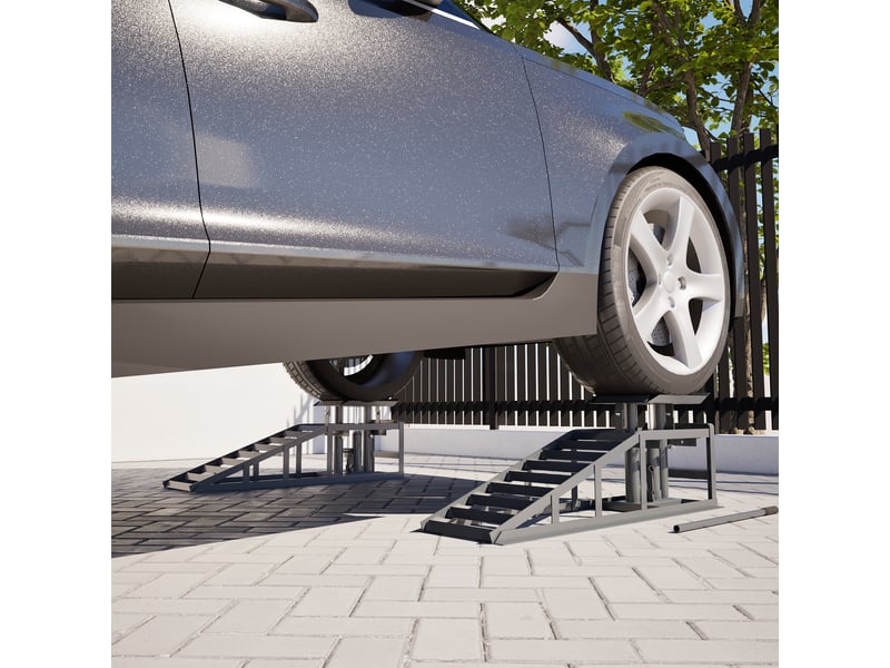  Lot de 2 rampes de levage voiture grises, hauteur réglable, avec cric et plateforme  - Conforama B