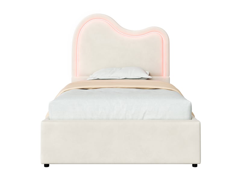  Lit coffre enfant 1 place 90×200 cm, led réglable, tête de lit  - sans matelas, velours beige  - Conforama A