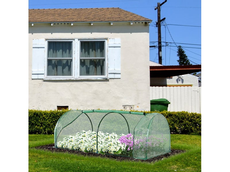 Serre de jardin 200 x 100 x 80 cm en film plastique vert, structure acier, protection uv et porte enroulable - Conforama B
