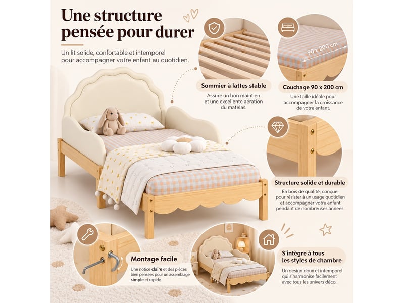  Lit enfant rembourré 90 x 200 cm avec tête de lit en pu, barrières latérales, sommier à lattes, beige et naturel  - Conforama E