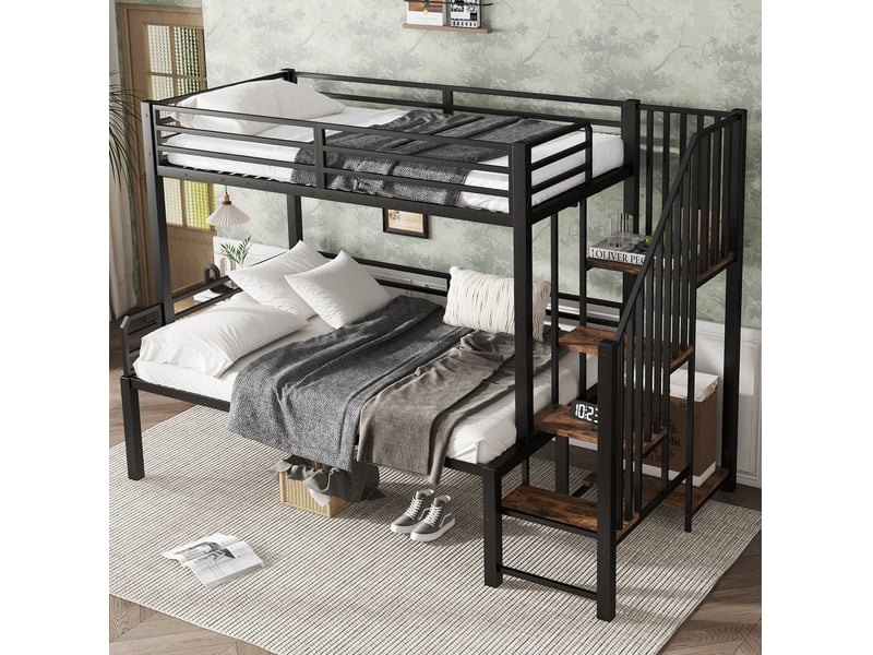  Modenvie lit superposé 90x200 cm et 120x200 cm - avec escalier d angle et rangement, sans matelas - noir  - Conforama D