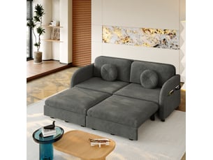 Canapé-lit 2 places 166x84x90 cm 3-en-1 avec poche latérale, pour salon, en métal, bois, mousse et tissu chenille, gris