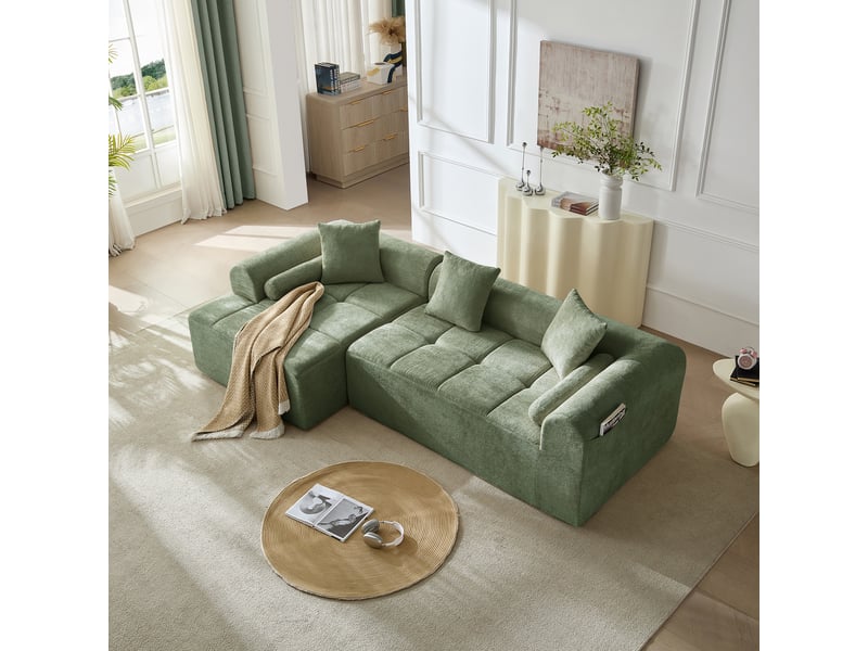  Canapé d'angle, canapé de salon, en tissu chenille, vert, format compressé, pour salon et séjour, 263 cm  - Conforama D