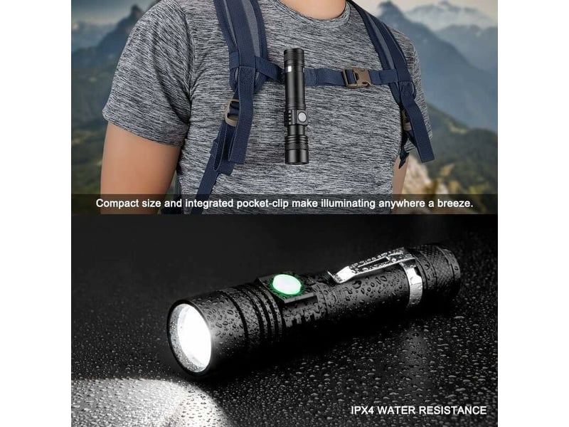  Lampe torche led rechargeable usb, lampe de poche 600 lumens, ipx4 étanche, 4 modes eclairage, lampe de poche zoomable pour ménage  - Conforama D